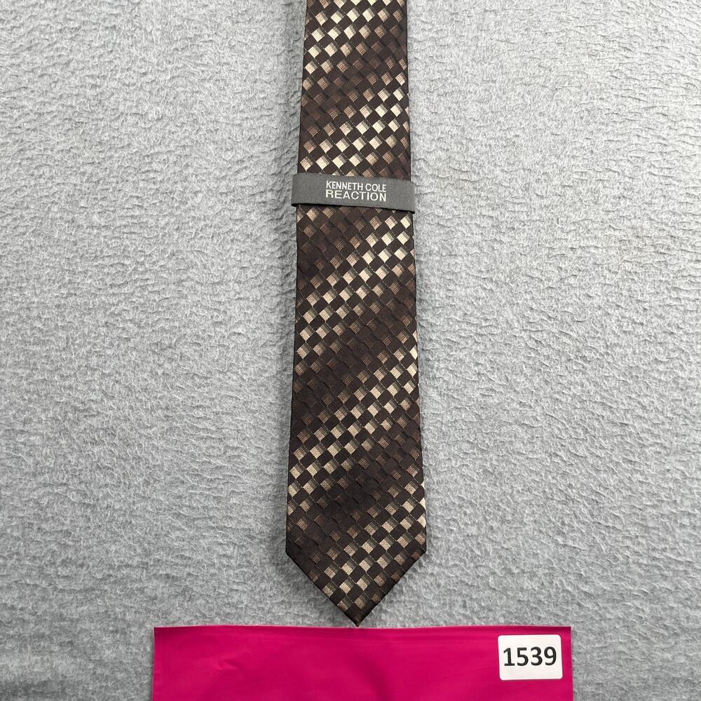 Kenneth Cole Reaction Neck Tie Brown Check Diagonal Striped New NWT